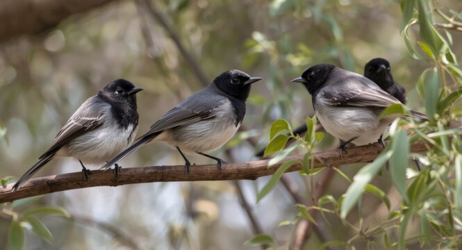 Calm Grey Fantail perched on natural eucalyptus limb surrounded by active Willie Wagtails