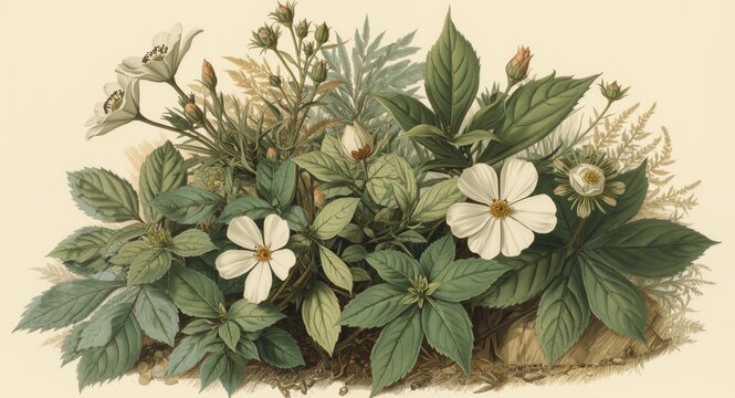 Botanical illustration of Tridax procumbens with detailed flowers and lush foliage in a natural setting