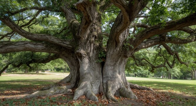 A mature oak with a rugged, contorted trunk showing long term natural development and erosion exposure