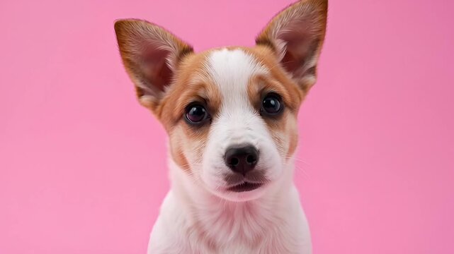 A close-up, headshot of a charming Jack Russell Terrier puppy with bright, inquisitive eyes against a vibrant pink background, capturing its playful and affectionate nature