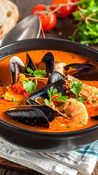 Rich seafood stew in a black bowl with mussels, shrimp, and tomato broth on wooden table