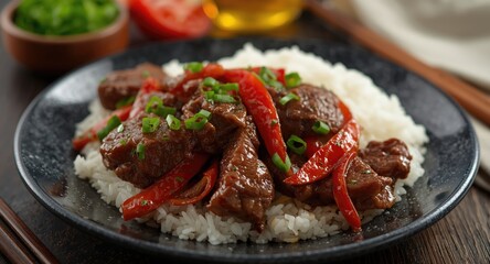 Chinese style tender pepper steak served alongside white rice