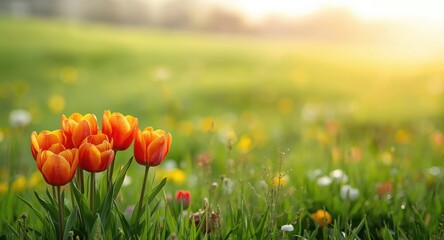 Fototapeta premium Cheerful tulip flowers blossoming in a colorful spring meadow