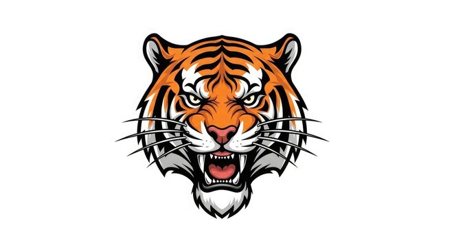 Fierce tiger head with open mouth and sharp teeth on white background symbolizing power and aggression in graphic design