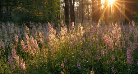 Obraz premium Dazzling floral display bathed in gentle morning light of woods