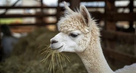 Fototapeta premium Sweet alpaca engaging with hay in a peaceful farm style enclosure