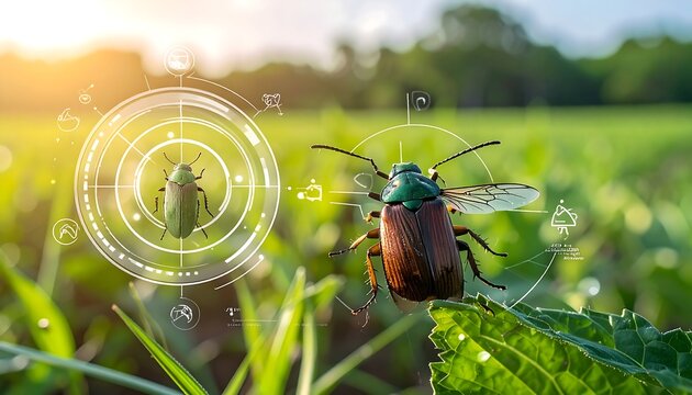 Beetle on a leaf with digital overlays amid a green grassy field and sunlit backdrop, evoking nature and technology