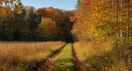 Obraz premium Bright autumn field with a narrow path entering a forest filled with fall leaves under clear conditions