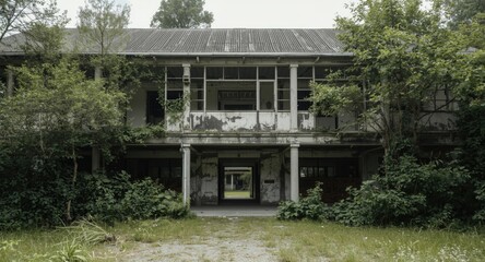 Desolate old building with overgrown surroundings and vacant interiors