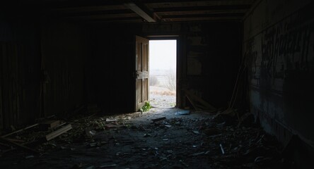 Abandoned basement chamber illuminated by sunlight through a partially open wooden cellar door