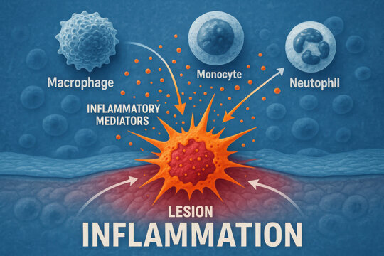 Intense inflammation process shown in medical illustration. central lesion with red core releases mediators, activating immune system response with macrophage, monocyte, and neutrophil cells