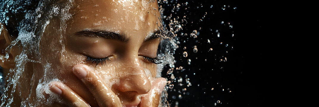A woman rejuvenating her skin by splashing cool water on her face - a simple act of daily cleansing wide banner - black background