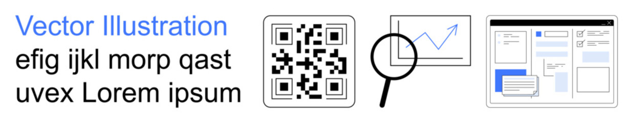 Data analysis, user interface, QR scanning, digital navigation, data visualization, tech development. QR code, magnifying glass graphs and interface screens. Data analysis and user interface
