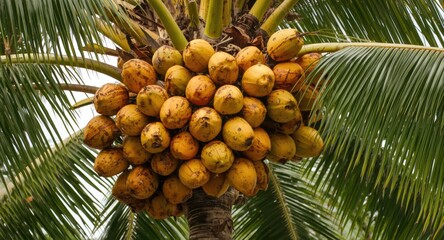 A vibrant cluster of ripe coconuts hanging from a tall lush tree in a tropical setting