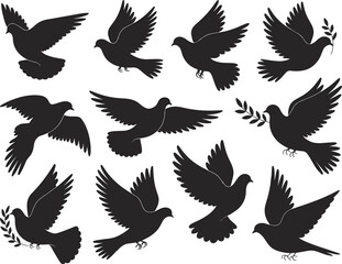 Obraz premium Collection of flying dove silhouettes symbolizing peace isolated on white background, vector style bird set for design, logo, tattoo inspiration