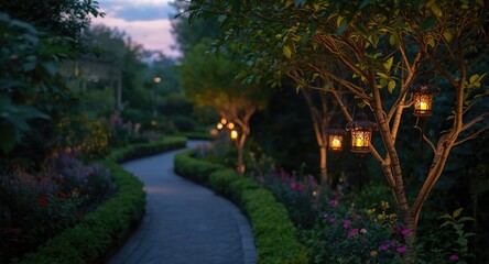 Obraz premium Classic garden environment adorned with tree lanterns and copy space