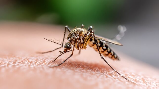 Macro shot of a mosquito on human skin, preparing to bite, with blurred natural background.
