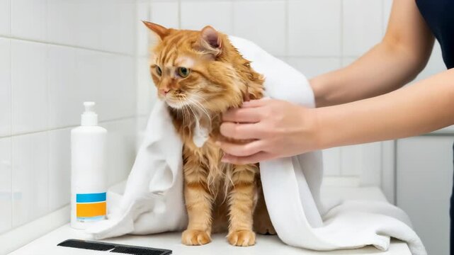 Woman drying a wet ginger cat with a towel after washing it with anti-parasitic shampoo for pet hygiene and pest prevention