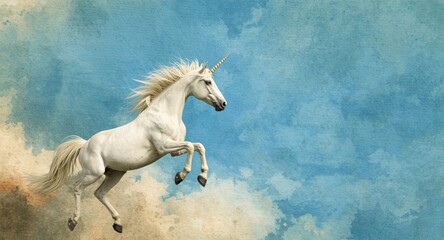 Fototapeta premium Charming unicorn soaring over a textured watercolor sky canvas