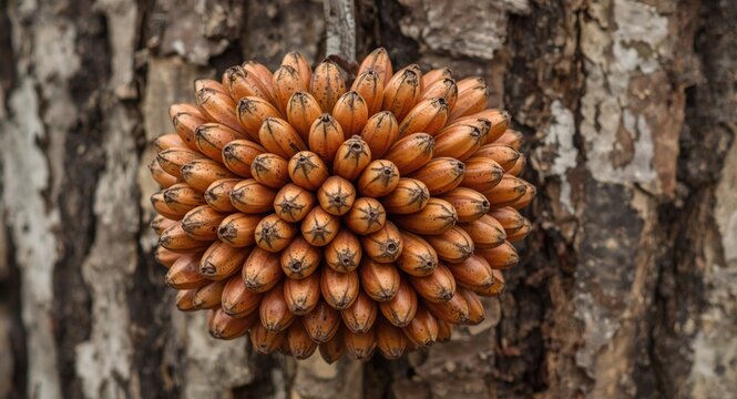 Cluster of ripe seed pods from the Kigelia africana tree with natural bark background