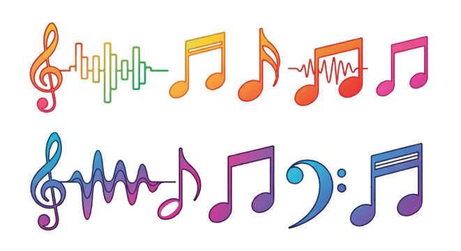 Vibrant musical symbols and notes arranged in a colorful illustration showcasing various music elements