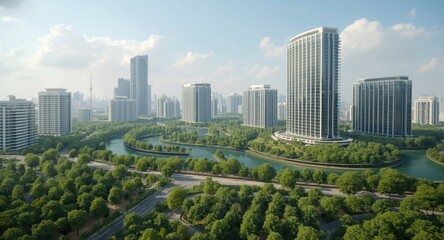 Fototapeta premium Circular economy approach to futuristic city with abundant greenery and sustainable skyscrapers