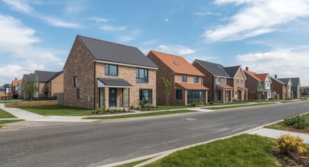 Obraz premium Construction site showing various modern homes including cottages and townhouses with block structures