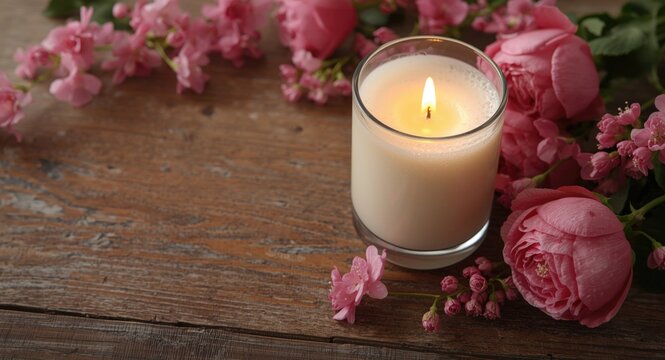 Calming white candlelight on a wooden surface framed by pink flowers and accompanied by a glass of rice milk chaas