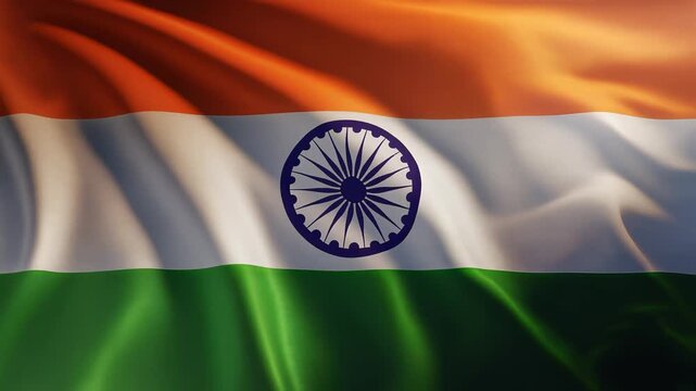 Dynamic Indian Flag Waving in the Wind with Vibrant Tricolor Design and Ashoka Chakra, Slow Motion Footage, symbolizing national pride and freedom