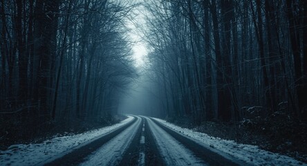 Fototapeta premium A ghostly winter forest road captured with grunge style and eerie atmosphere