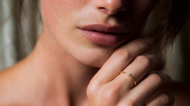 Close-up of a woman's face and hand wearing a delicate diamond gold ring