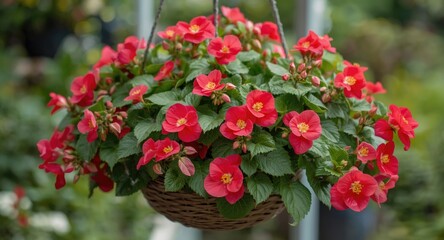 Fototapeta premium Begonias in a vivid hanging garden basket against an outdoor backdrop