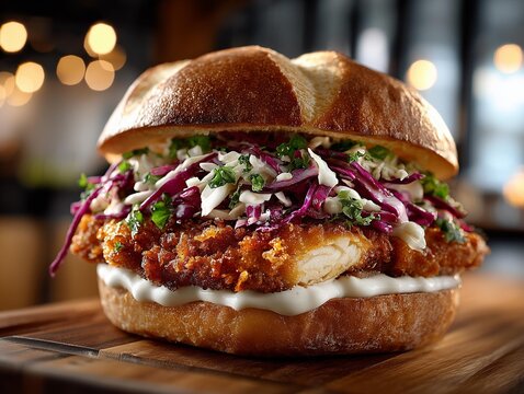 Crispy Fish Burger with Coleslaw on Brioche Bun