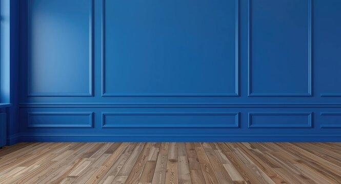 Contemporary empty room with wooden floors and wall panels in royal blue
