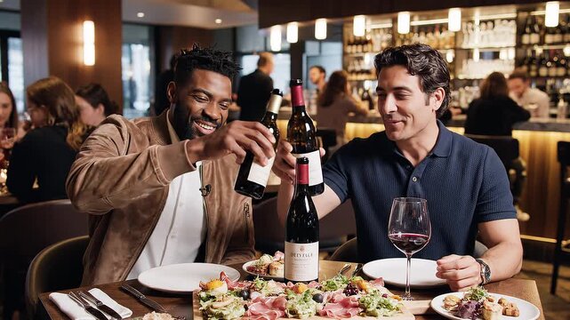 Two men enjoy wine and food at a restaurant, laughing and socializing with a blurred background of a bar and diners