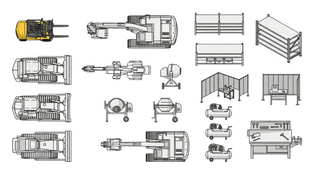 Top View Industrial Machinery and Construction Equipment Vector Set: Excavators, Forklifts, Bulldozers, and Warehouse Tools in CAD Style