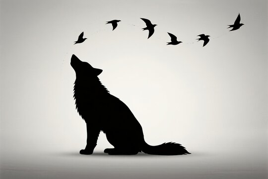 Wolf silhouette with flying birds