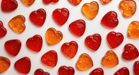 Fototapeta premium Arrangement of warm amber and red hearts on a white backdrop highlighting romantic feelings for Valentine's events