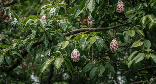 Easter eggs in various patterns adorning a lush laburnum tree