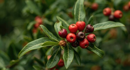 Fototapeta premium Close up of Myrtus Communis with mature myrtle berries and copy space