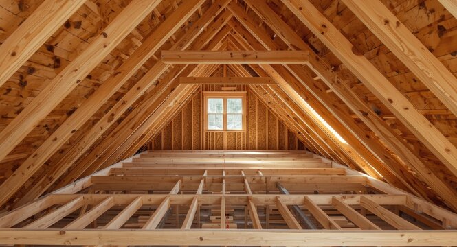 Attic remodeling phase exposing timber roofing truss and support beams