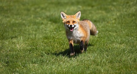 Fototapeta premium Cheerful fox pet leaping over green grass lawn captured in full length on sunny summer day