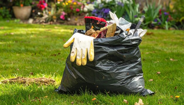 Black trash bag filled with garden debris sitting on green lawn, vibrant colorful flowers in the background