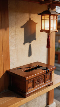 Carved wooden offertory box with dripping black liquid. Amber glowing lantern casting a shadow on the wall. Dark occult and horror concept