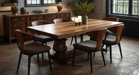 Fototapeta premium Artisan wooden dining table accompanied by uniquely designed chairs indoors