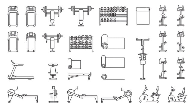 Top View Gym Equipment Vector Set: Fitness Machines, Weights, Treadmills, and Yoga Mats Plan Symbols