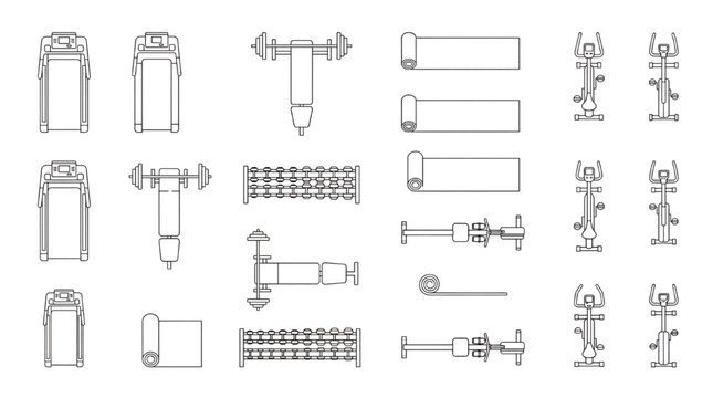 Top View Gym Equipment Vector Set: Fitness Machines, Weights, Treadmills, and Yoga Mats Plan Symbols