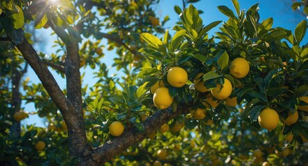 Vibrant lemon tree with plentiful ripe lemons and lush leaf canopy for cooking