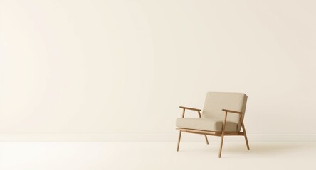 Fototapeta premium Contemporary interior with a single armchair and a clean cream backdrop