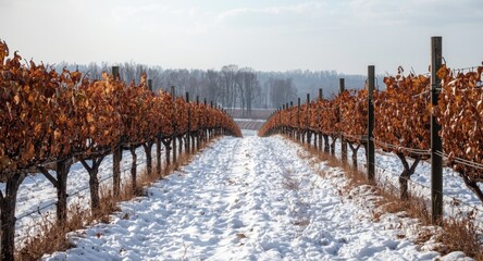 Naklejka premium A tranquil winter vineyard scene with snow on the ground